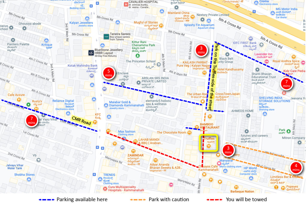 Potential parking areas for those attending NCF's Lord's Day Church Service at Kalyan Nagar, Bangalore.
